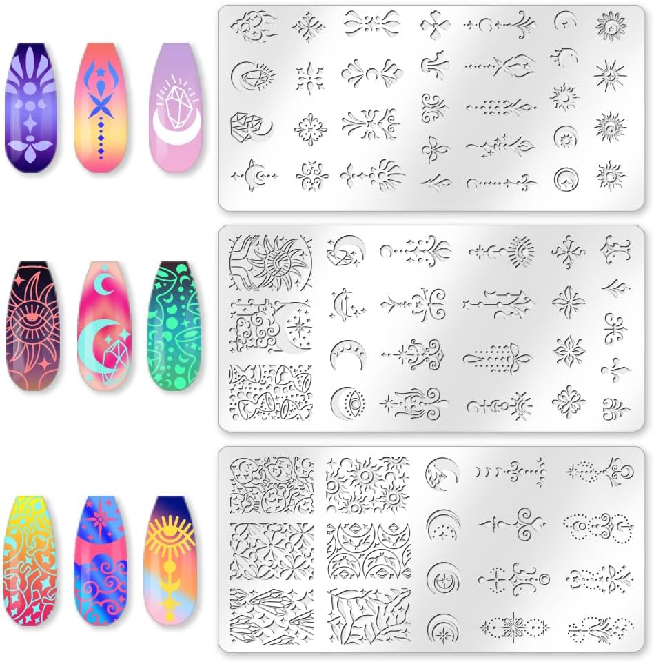 3Pcs Moon Nail Stamping Plate Set Star Sun Meteors Bohemia Stainless Steel Nail Stamp Templates Clear Silicone Nails Stamping with Stamper Scraper for Manicure Printing-Velvo Beauty