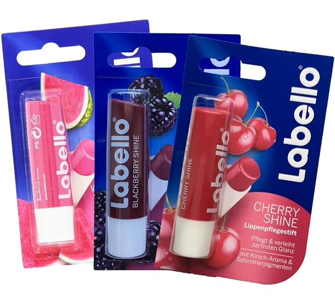 Labello Watermelon Shine, Labello Blackberry Shine, Labello Cherry Shine Lip Balm Bundle-Velvo Beauty