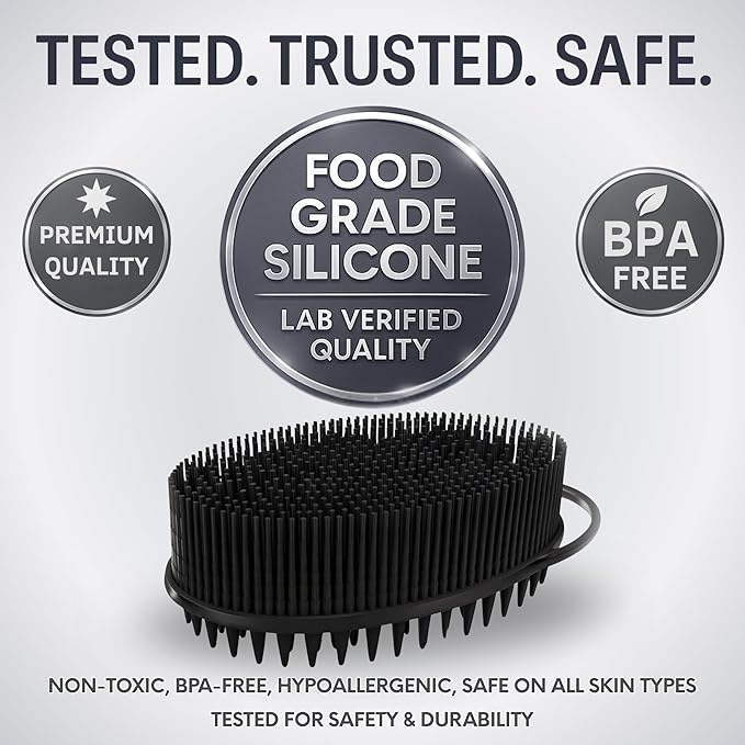 Avilana Silicone Body Scrubber – Gentle Shower Brush & Loofah Alternative- Food Grade & Lab Tested – Fast-Drying, Hygienic, BPA-Free Silicone Body Gentle Exfoliator (Black, Scalp)-Velvo Beauty