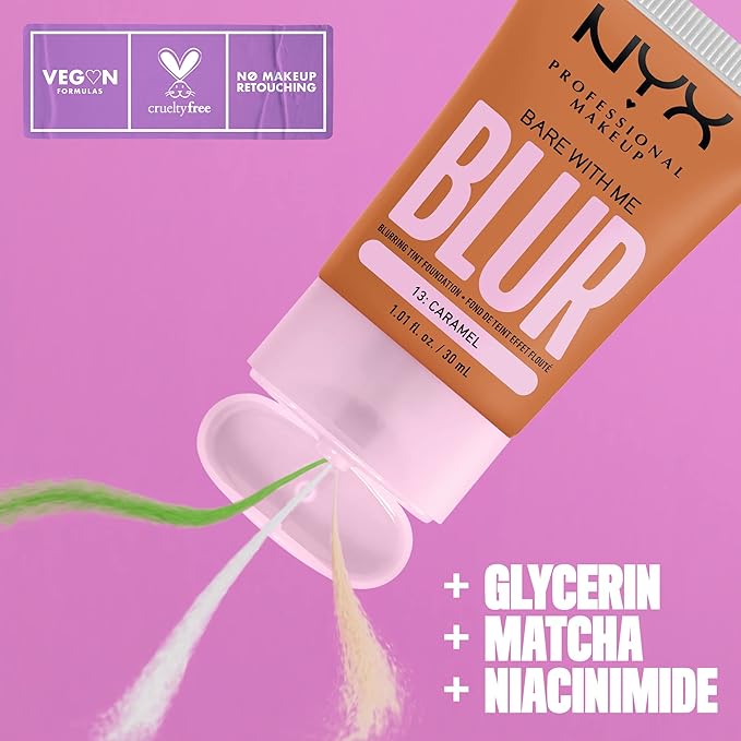 NYX PROFESSIONAL MAKEUP Bare With Me Blur Skin Tint Foundation Make Up with Matcha, Glycerin & Niacinamide - Caramel-Velvo Beauty