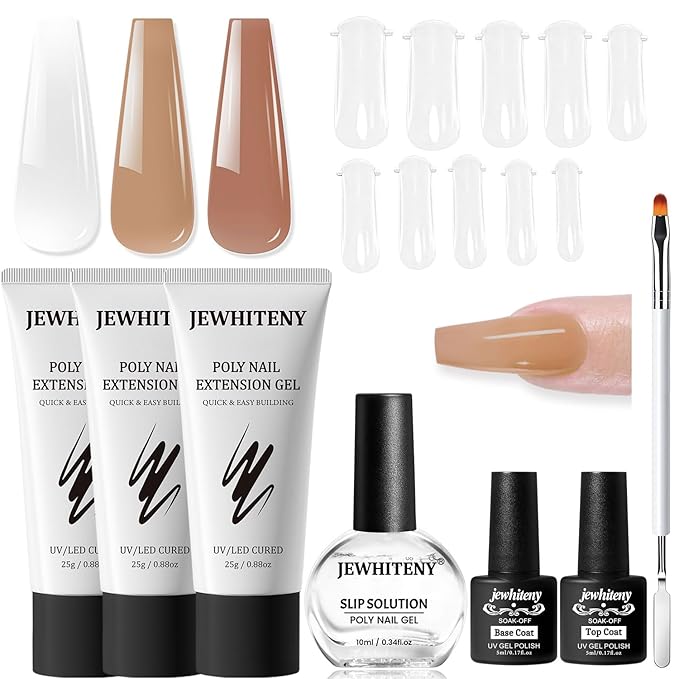 JEWHITENY Poly Nail Gel Set Clear Nude Brown Neutral Classic Color Base and Top Coat Slip Solution Poly Extension Gel With Acrylic Nail Builder Need U V Lamp Curing-Velvo Beauty