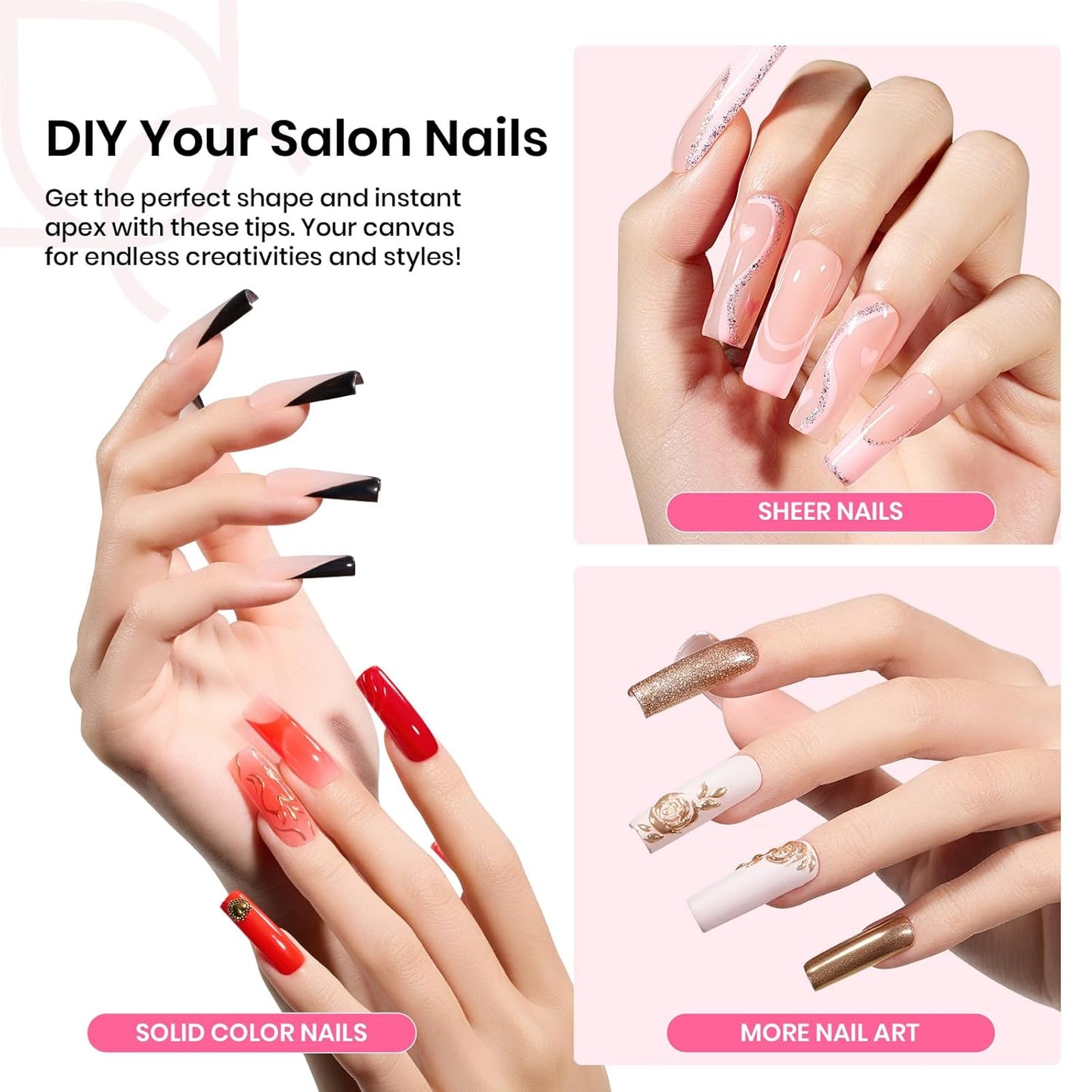 Beetles Tipex Nail Tips Kit, Long Square-C Curved Half Matte Nail Tips 224 Pcs 16 Sizes Pre Building Fake Nails with Tipex Nail Glue, Mini Nail Lamp - Thick Acrylic Nail Set-Velvo Beauty