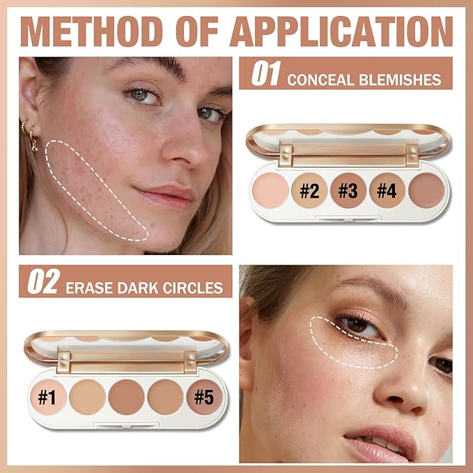 FOCALLURE #GoldenAge 5 in 1 Multi Uses Concealer Palette, 5 Colors Correcting Conceal Palette, Camouflage Contour Palettes for Dark Circles, Face Contouring Highlighter Pallet, 01 LIGHT-MEDIUM-Velvo Beauty