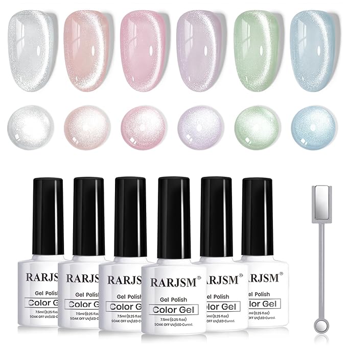 RARJSM Sparkle Diamond Cat Eye Gel Nail Polish Set 6 Colors Nude Pink Milky Jelly Purple Green Blue Silver Glitter Cateye Gel Polish with Magnet Stick UV LED Curing Requires Soak Off Home Salon Diy-Velvo Beauty