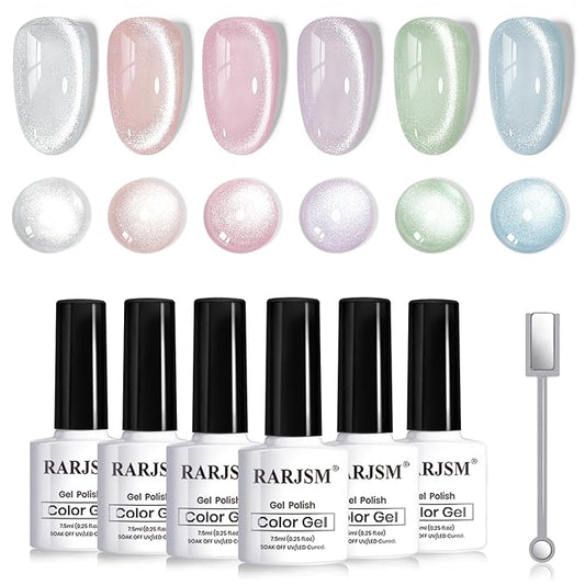 RARJSM Sparkle Diamond Cat Eye Gel Nail Polish Set 6 Colors Nude Pink Milky Jelly Purple Green Blue Silver Glitter Cateye Gel Polish with Magnet Stick UV LED Curing Requires Soak Off Home Salon Diy-Velvo Beauty
