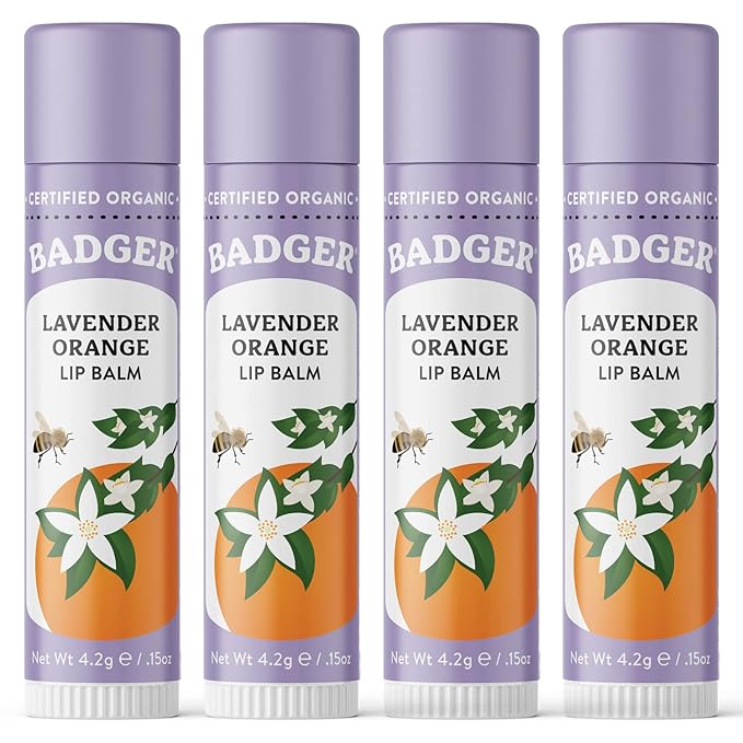 Badger - Classic Lip Balm, Lavender & Orange, Made with Organic Olive Oil, Beeswax & Rosemary, Certified Organic, Moisturizing Lip Balm, 0.15 oz (4 Pack)-Velvo Beauty