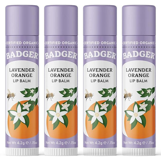 Badger - Classic Lip Balm, Lavender & Orange, Made with Organic Olive Oil, Beeswax & Rosemary, Certified Organic, Moisturizing Lip Balm, 0.15 oz (4 Pack)-Velvo Beauty