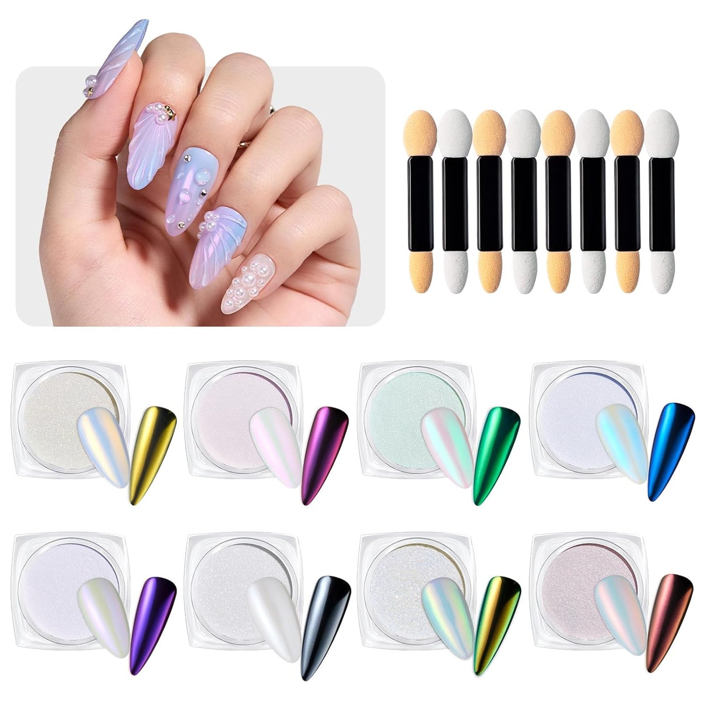 Beetles Chrome Nail Powder Metallic Mirror Effect, Holographic Aurora Mermaid Pearl Glitter, Chrome Powder for Gel Nails Manicure Nail Art Decoration 8 Colors 0.5g/Jar-Velvo Beauty