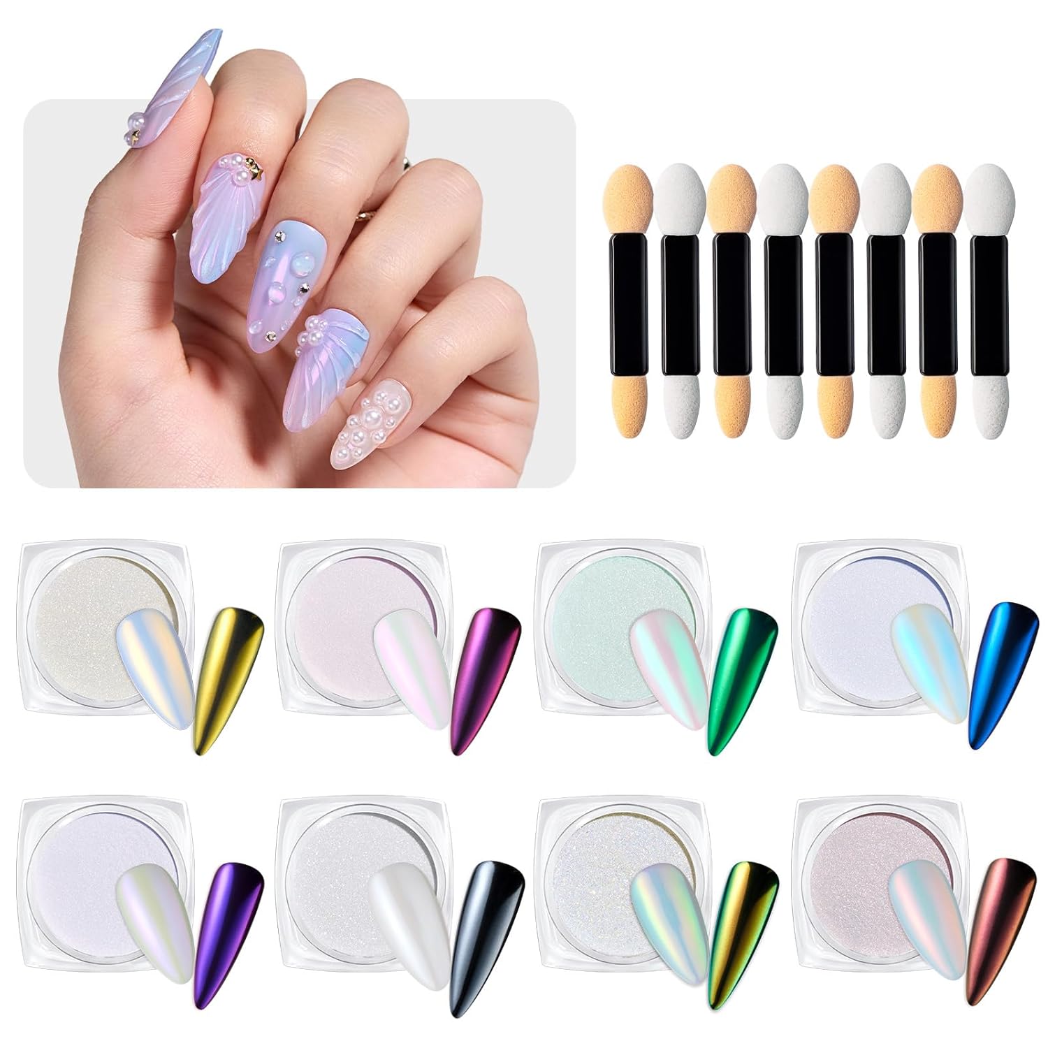 Beetles Chrome Nail Powder Metallic Mirror Effect, Holographic Aurora Mermaid Pearl Glitter, Chrome Powder for Gel Nails Manicure Nail Art Decoration 8 Colors 0.5g/Jar-Velvo Beauty