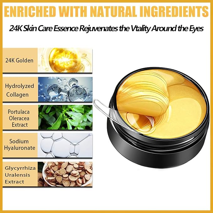 60 Pcs Under Eye Patches, 24K Gold Eye Masks, Collagen Anti Aging Eye Gel Pads, Moisturizing Eye Treatment for Puffy Eyes, Dark Circles, Wrinkles, Fine Lines, 24K GOLDEN-Velvo Beauty