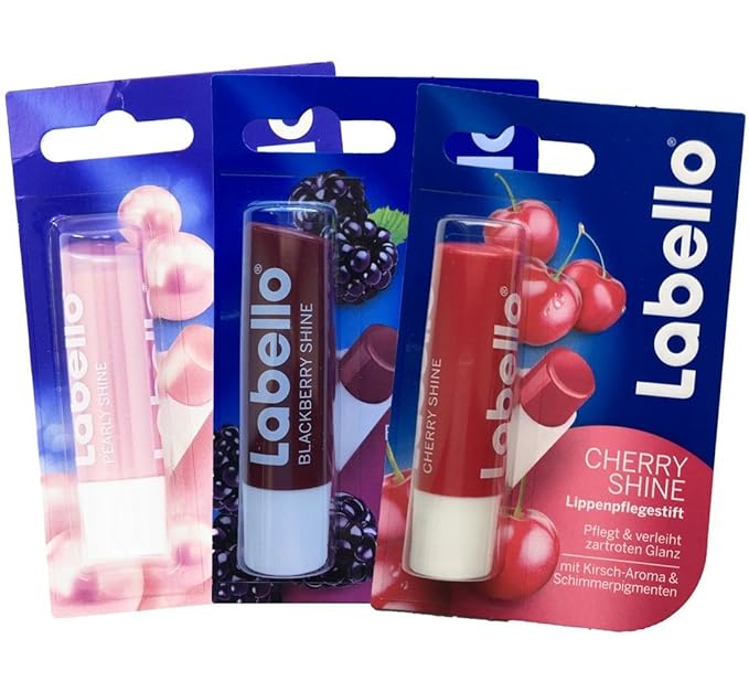 Labello Pearly Shine, Labello Blackberry Shine, Labello Cherry Shine Lip Balm Bundle-Velvo Beauty