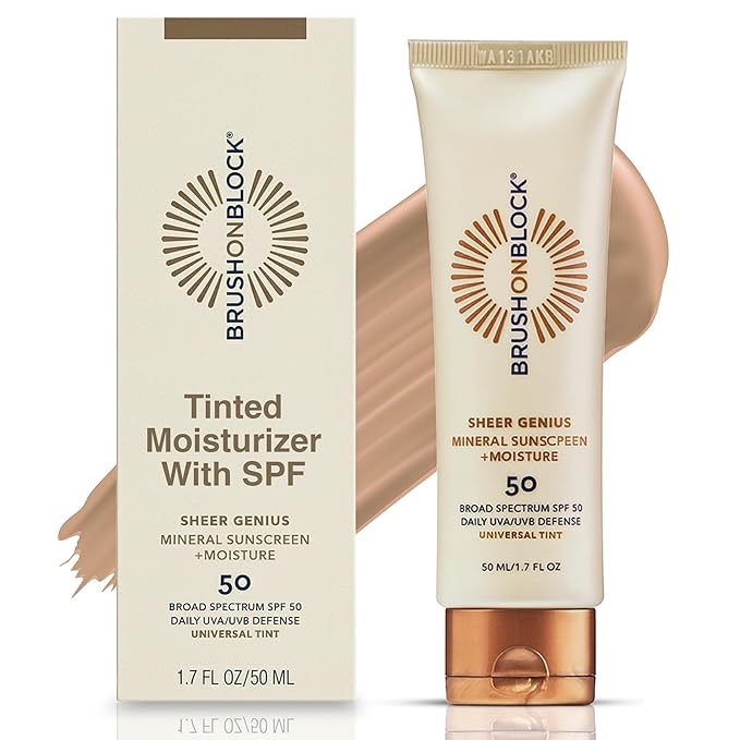 Brush On Block Tinted Mineral Sunscreen Moisturizer SPF 50 | Tinted Face Moisturizer with Sunscreen Broad Spectrum | Hydrating Hyaluronic Acid, Zinc Oxide Protection, 1.7oz, PA ++++, Made in USA-Velvo Beauty