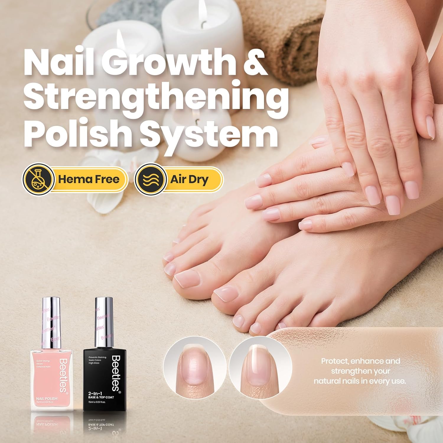 Beetles Sheer Light Nude Pink Nail Polish With 2 in 1 Base & Top Coat Set, Fast Drying & Nail Strengthen, Nail Lacquer Peach Liqueur, No UV Lamp Needed Nail Art Gifts for Women-Velvo Beauty