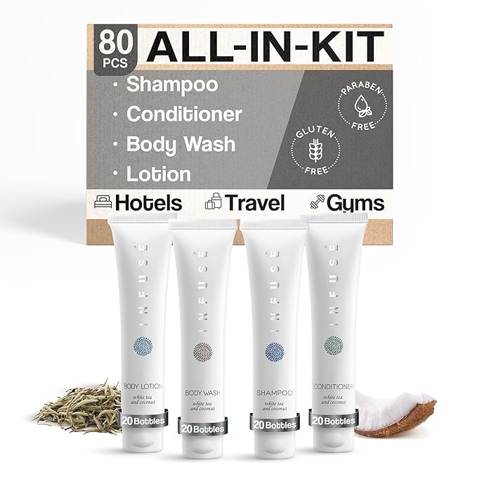 Infuse White Tea & Coconut Hotel Toiletries Bulk Set | 1-Shoppe Amenities Kit | 1oz Shampoo & Conditioner, Body Wash, Lotion | Travel Size | 80 Pieces-Velvo Beauty