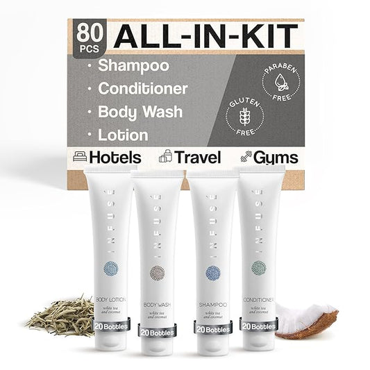 Infuse White Tea & Coconut Hotel Toiletries Bulk Set | 1-Shoppe Amenities Kit | 1oz Shampoo & Conditioner, Body Wash, Lotion | Travel Size | 80 Pieces-Velvo Beauty