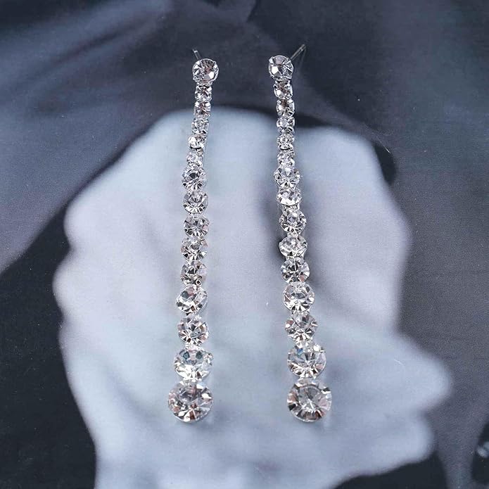 Vintage Rhinestone Chain Drop Earrings Silver Linear Crystal Earrings Sparkle Cz Tassel Earrings Long Cz Chain Stud Earrings Jewelry for Women and Girls-Velvo Beauty