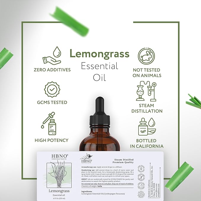 HBNO California Bottled Lemongrass Essential Oil 4 fl oz (120ml) - Natural Lemongrass Oil, Perfect for Cleaning, Aromatherapy, DIY, Soap & Diffuser -Velvo Beauty