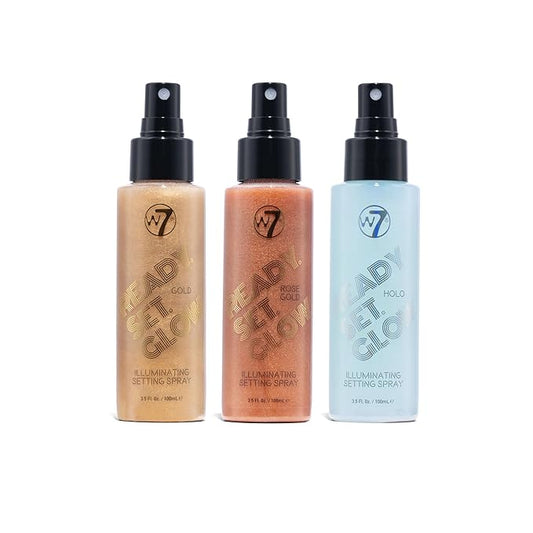 W7 Ready Set Glow Trio - 3 Piece Set - Makeup Setting Spray - Shimmer Finish - Long-Lasting, Ultra-Fine Formula (Rose Gold, Gold & Holo)-Velvo Beauty
