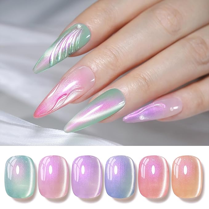 Born Pretty Magnetic Gel Nail Polish Set,Pastel Coral Sea Magnetic Eye Gel Jelly Glass Crystal Magnetic Gel Polish Nail Art Manicure Kit 6PCS-Velvo Beauty