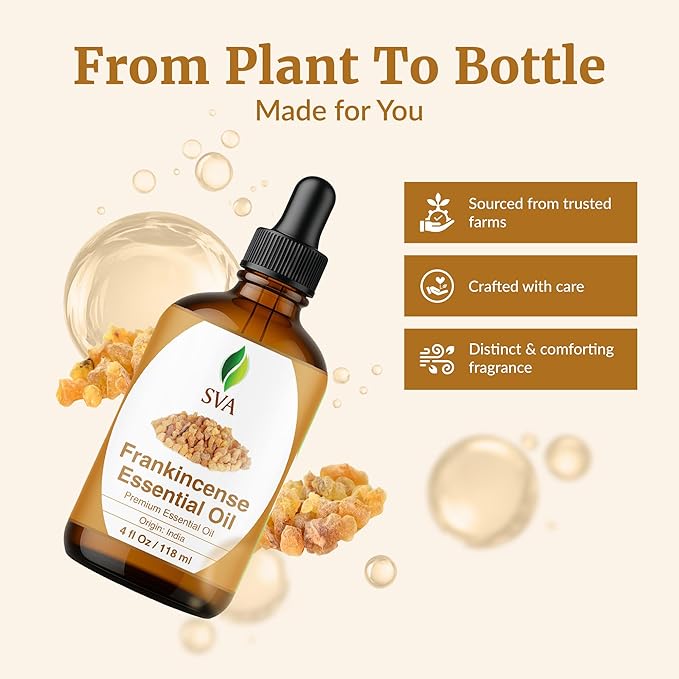 SVA Frankincense Essential Oil – 4 Fl Oz – 100% Natural Boswellia Serrata Oil - for Diffuser, Hair Care, Face, Skin Care, Aromatherapy, Scalp and Body Massage, Soap and Candle Making – with Dropper-Velvo Beauty