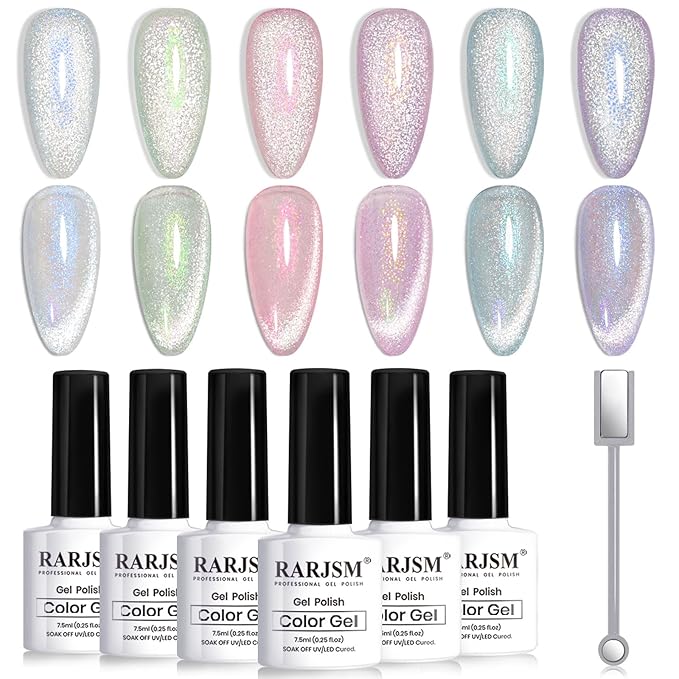 RARJSM Aurora Mermaid Cat Eye Gel Nail Polish Set 6 Colors Velvet Silver Glitter Pink Green Blue Purple Galaxy Star Shimmer Gel Polish with Magnetic Stick UV LED Curing Requires Soak Off Home Salon-Velvo Beauty