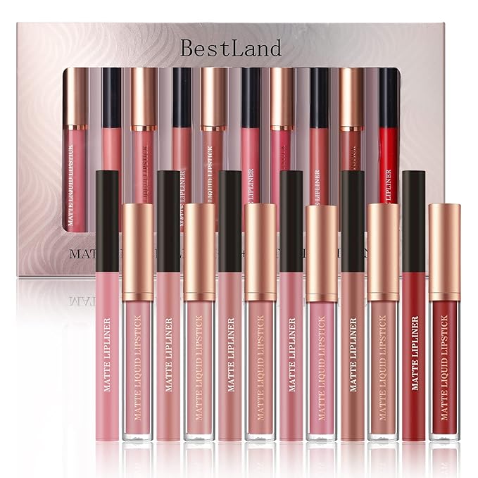 BestLand 12Pcs Matte Liquid Lipstick + Lip Liner Pens Set, One Step Lips Makeup Sets Pigment Velvety Nude Lip Stain Waterproof Long Wear Lip Gloss Make up Gift Set (Set C)-Velvo Beauty