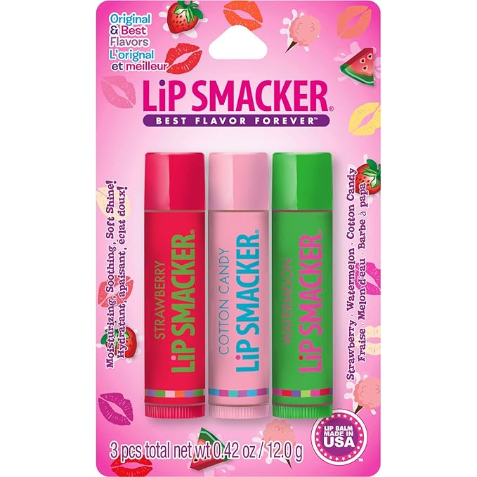 Lip Smackers Flavored Lip Balm Trio Original & Best, Strawberry Watermelon, Cotton Candy, Clear Matte, For Kids, Women, Men,3 Count (Pack of 1)-Velvo Beauty