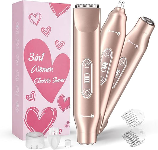 Bikini Trimmer for Women，3 in 1 Electric Razor with Ceramic Blades, IPX7 Waterproof, USB Rechargeable, Painless Hair Removal for Face，Body，Bikini Area, Travel Grooming Kit (Rose Gold)-Velvo Beauty