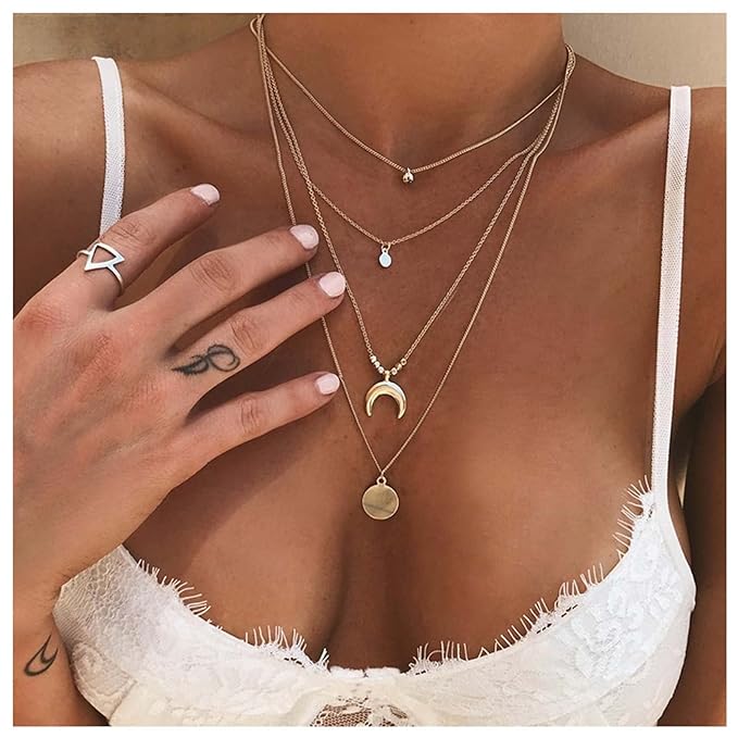 Bohemia Layered Coin Choker Necklace Moon Crescent Pendant Necklace Chain Gold Tiny Ball Necklace Multi Layer Disc Necklace Chain Jewelry for Women and Girls-Velvo Beauty