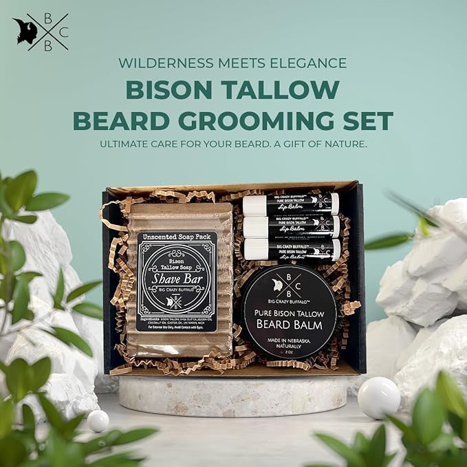 Pure Bison Tallow Beard Gift Set - Shave Bar, Beard Balm, Unscented Lip Balm - Conditions, Strengthens, Moisturizes, Soothes, Softens, Naturally Derived, No Dyes, Naturally Derived-Velvo Beauty