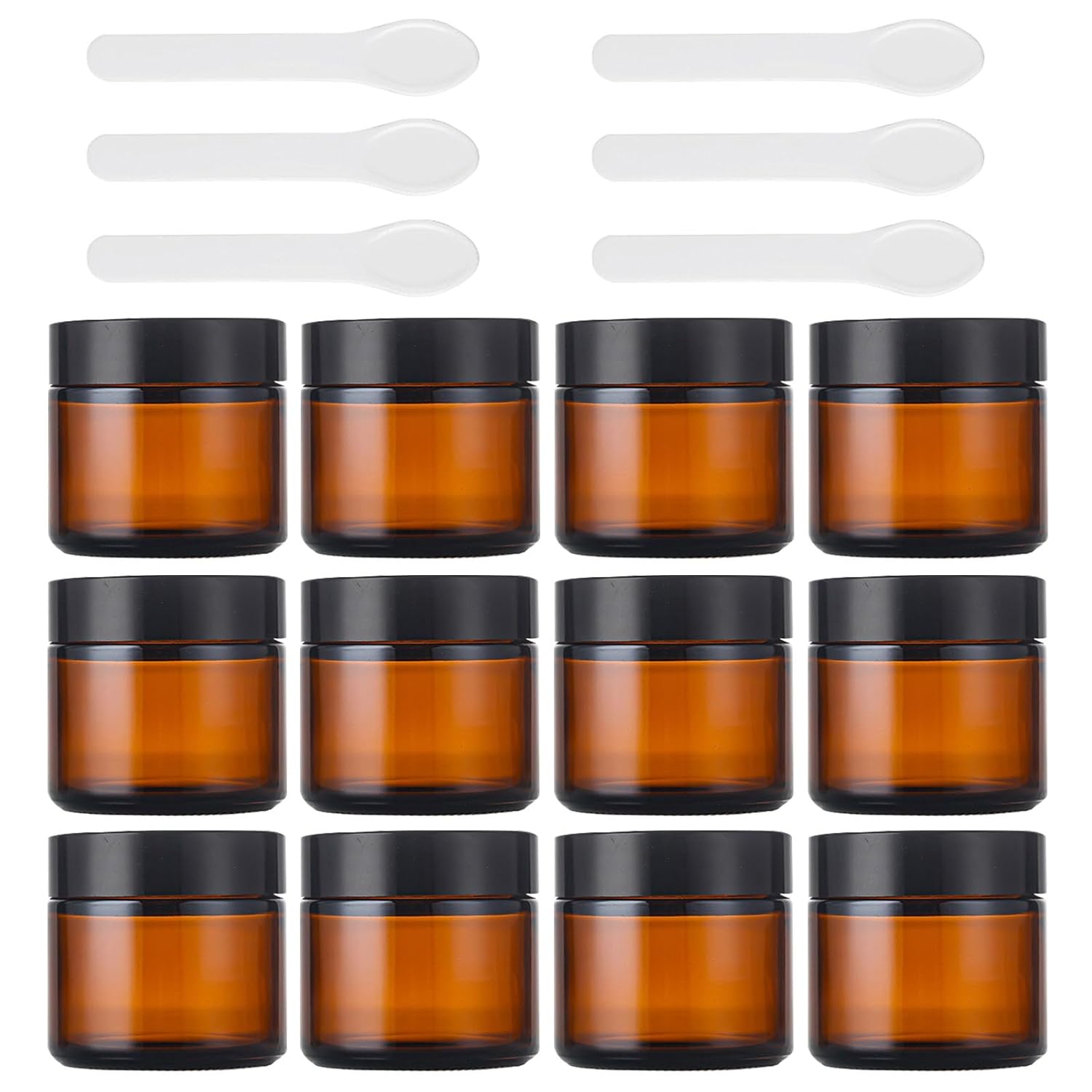 Lil Ray 2 Oz Glass Cream Jars with Black Lid, Empty Amber Glass Containers, Refillable Cosmetic Vials for Lotion, Ointment (12 PCS)-Velvo Beauty