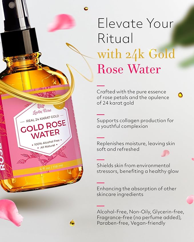 24 Karat Gold Rose Water Toner by Leven Rose Natural Moroccan 24K Rosewater Toner 4 oz-Velvo Beauty