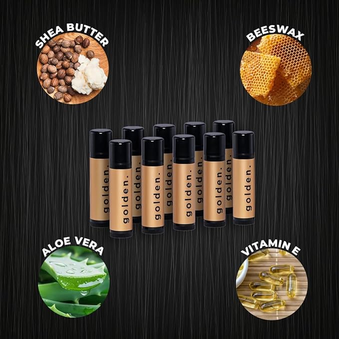 Golden Grooming Co. Lip Balm Set for Men - Soothing & Moisturizing Lip Balms for Dry, Cracked, Chapped Lips - Infused with Aloe Vera & Vitamin E - Vanilla Scent - Pack of 10-Velvo Beauty