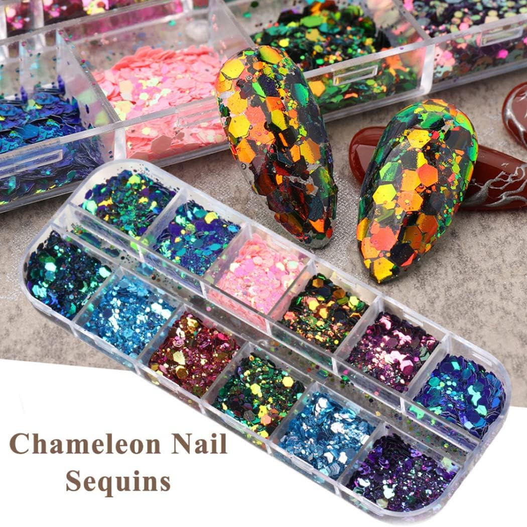 2 Boxes 24 Colors Chameleon Holographic Glitter Mermaid Nail Art Sequins 3D Flakes Laser Gradient Nail Glitter Design Shiny Glitters Powder Accessories for Women Manicure DIY Decorations-Velvo Beauty