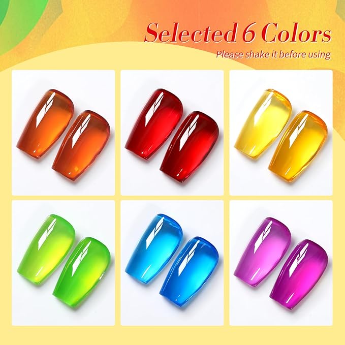 Born Pretty Neon Jelly Gel Nail Polish Glass Crystal Transparent Halloween Collection Soak Off Gel Nail Kit Minicure DIY Gifts 6PCS-Velvo Beauty