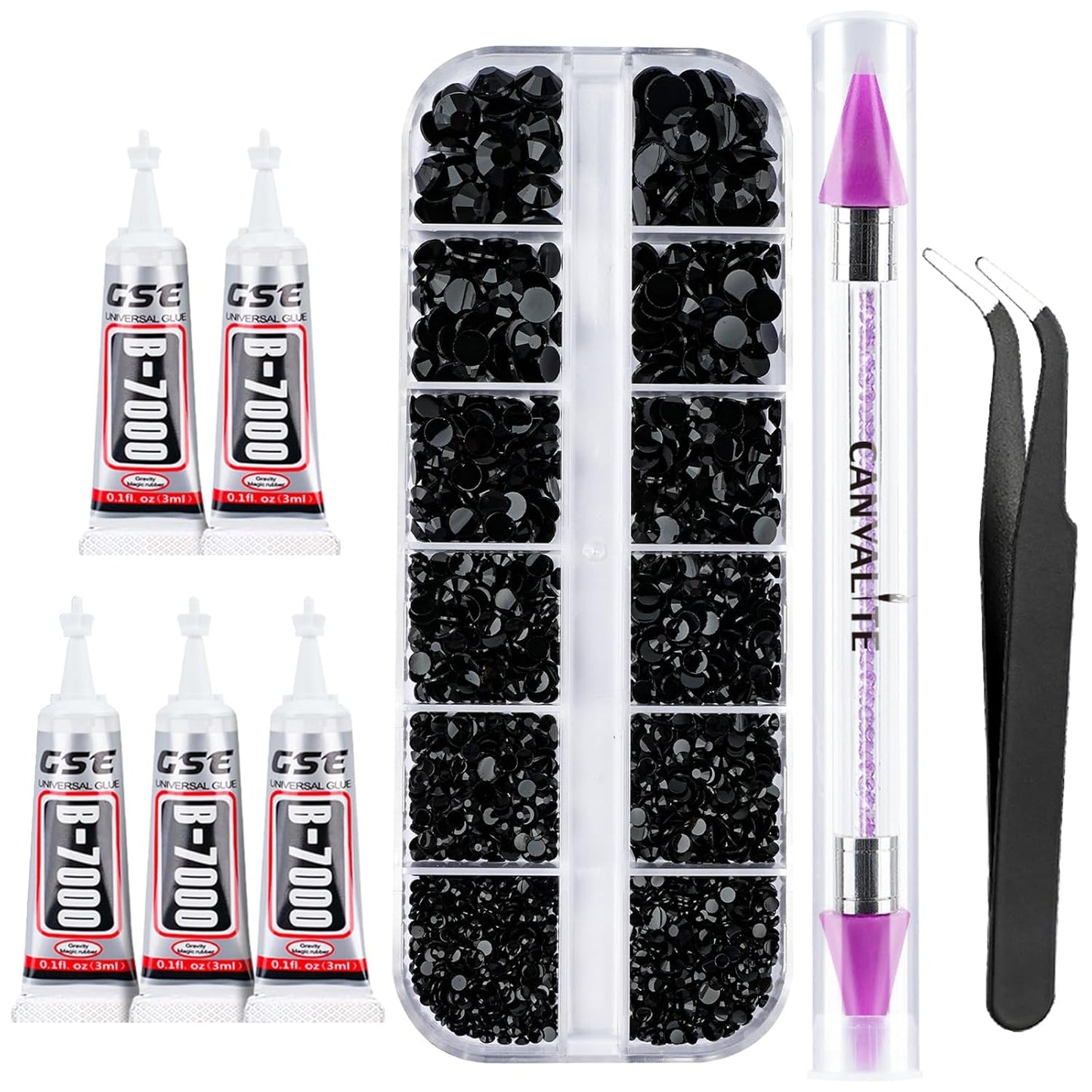 Canvalite 2784PCS Black Rhinestones Flat Back Gems, Nail Rhinestones Nail Art Gems with 5Pcs Jewelry Glues, Tweezers and Rhinestone Picker, Nail Art Tools for Nails, Clothes, Face, Crafts-Velvo Beauty