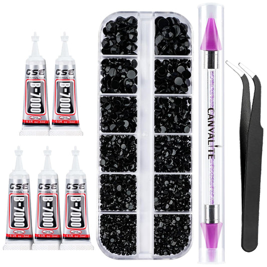Canvalite 2784PCS Black Rhinestones Flat Back Gems, Nail Rhinestones Nail Art Gems with 5Pcs Jewelry Glues, Tweezers and Rhinestone Picker, Nail Art Tools for Nails, Clothes, Face, Crafts-Velvo Beauty