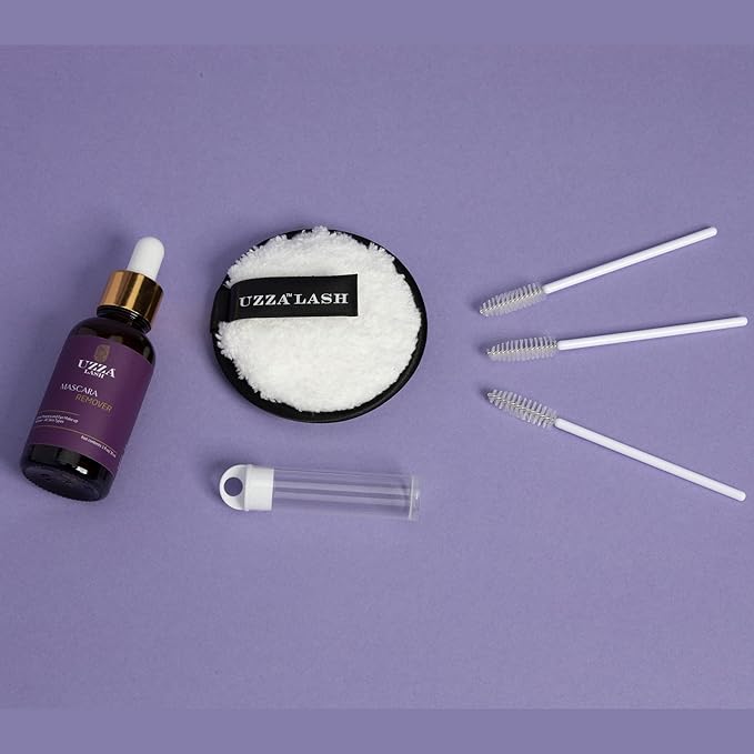 UZZA Lash Eye Makeup Remover - Waterproof Mascara Remover for Sensitive Eyes - Natural Make up Remover - Hygienic Kit Includes Eyelash Brush, Reusable Pads, Cleanser Liquid 1oz-Velvo Beauty