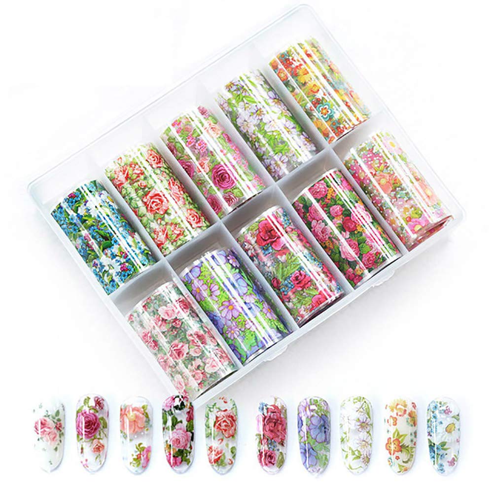 WOKOTO 10 Rolls Nail Art Foil Transfer Stickers Tips Flower Design Nail Wraps Decals Set Starry Sky Manicure Accessories (1.57inches×39.4inches)-Velvo Beauty
