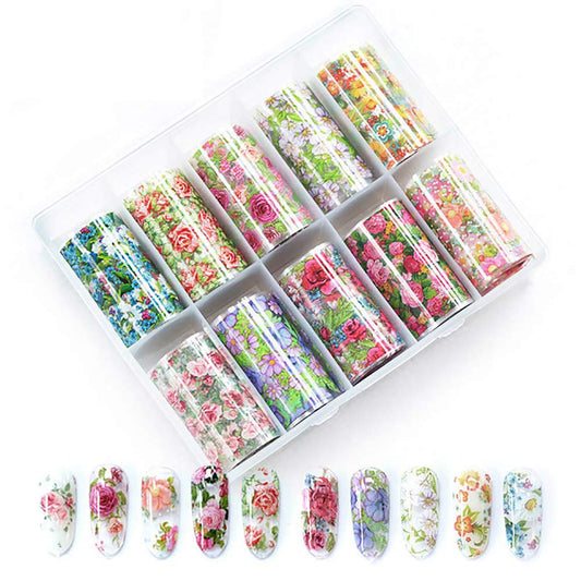 WOKOTO 10 Rolls Nail Art Foil Transfer Stickers Tips Flower Design Nail Wraps Decals Set Starry Sky Manicure Accessories (1.57inches×39.4inches)-Velvo Beauty