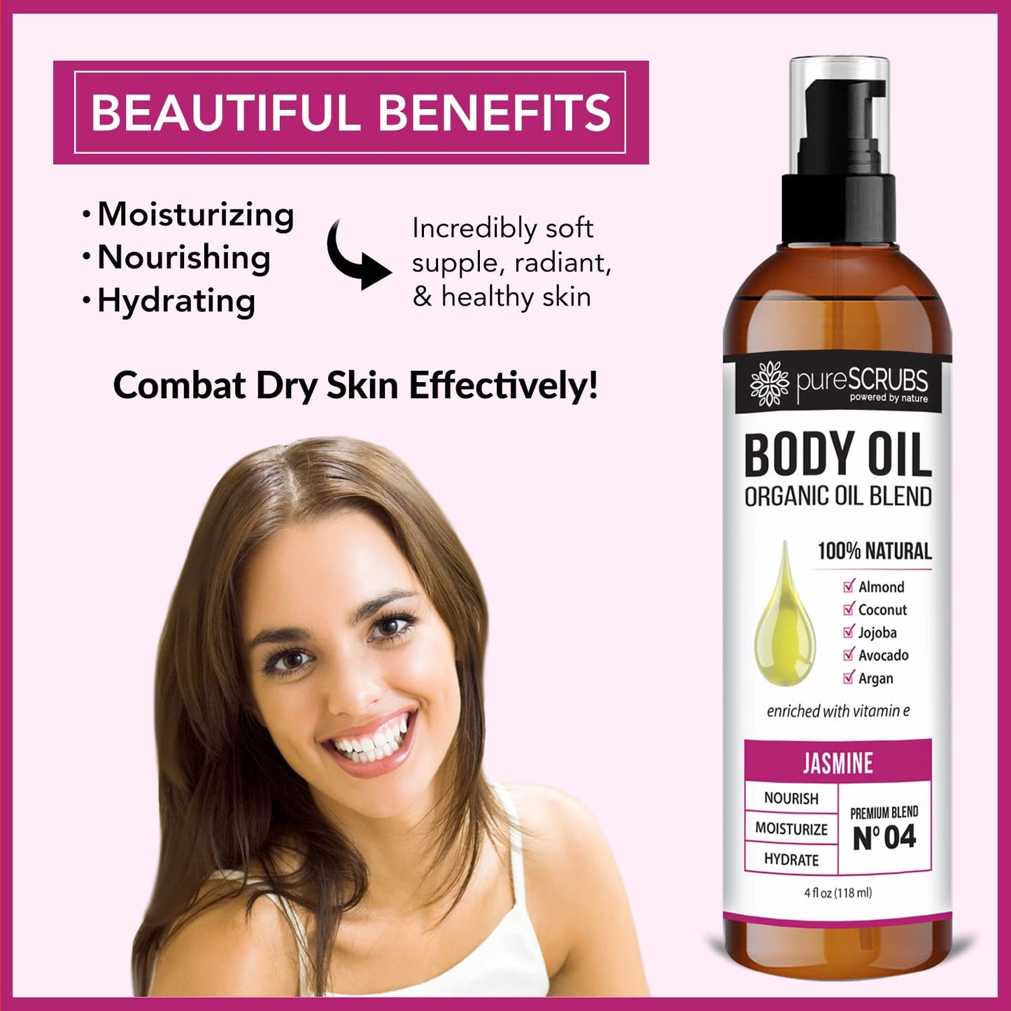 pureSCRUBS Ultra Moisturizing Jasmine Body Oil Spray for Dry Skin, Massage, Cuticles & More - Organic Super Blend of Jojoba, Argan, Coconut, Sweet Almond & Avocado Enriched with Vitamin E, Lg 4oz-Velvo Beauty