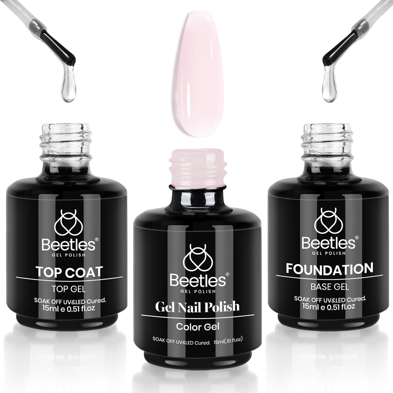 beetles Gel Polish 3 Pcs 15ml No Wipe Gel Top and Base Coat Bubble Bath Gel Polish Soak Off Uv Lamp-Long Lasting Glossy Top Base Gel Milky Pink Gel Nail Polish Jelly Gel Polish Set for Women-Velvo Beauty