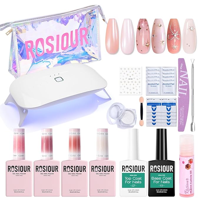 Jelly Gel Nail Polish Kit with U V Light, Hema-Free Milky Nude Sheer White Pink Gliter Gel Polish Set with Base & Top Coat Chrome Nail Powder, 4 Colors Mini Salon Nail Art Starter Gift for Women Girl-Velvo Beauty