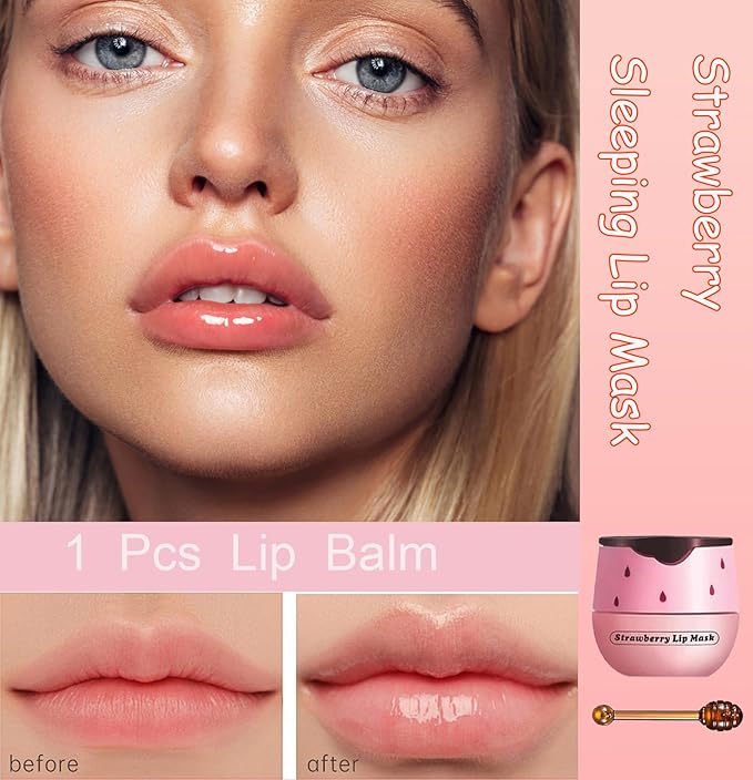 1 PCS Bee Lip Balm Honey Pot, Exfoliating Strawberry Bee Lip Balm Sleeping Lip Mask Overnight with Sticks, Honey Pot Lip Balm Prevention Dry Hydrating and Crack Lip Scrubs-Velvo Beauty