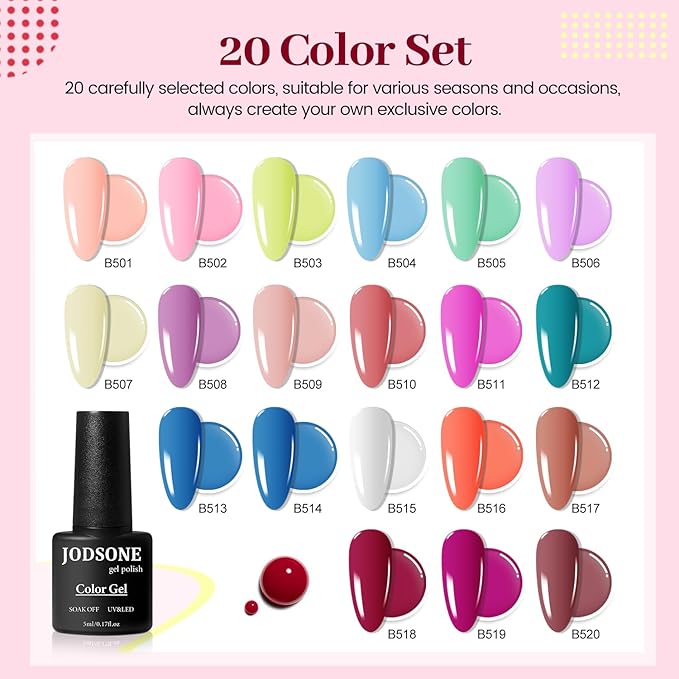 JODSONE 23 PCS Gel Polish Kit Colorful Fashion Classic Nail Gel Set 3 Bottles of Base Coat Matte and Glossy Top Coat-Velvo Beauty