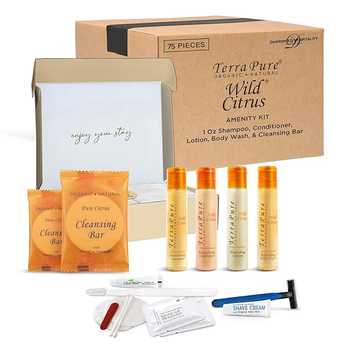Terra Pure Amenity & Accessory Kit |1 oz Travel Size Shampoo, Conditioner, Lotion, Body Wash, 2 Cleansing Bars, Shave & Dental Sets, Make-Up Remover Wipes, & Vanity Kit | 15 sets per case-Velvo Beauty