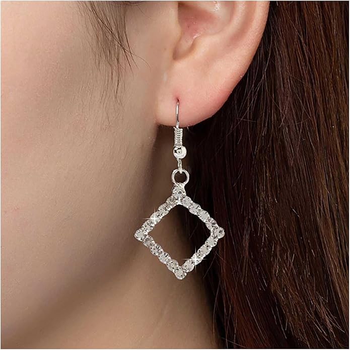 Vintage Crystal Square Drop Earrings Rhinestone Square Dangle Earrings Hollow Square Hook Earrings Silver Sparkly Cz Square Earrings Jewelry for Women-Velvo Beauty