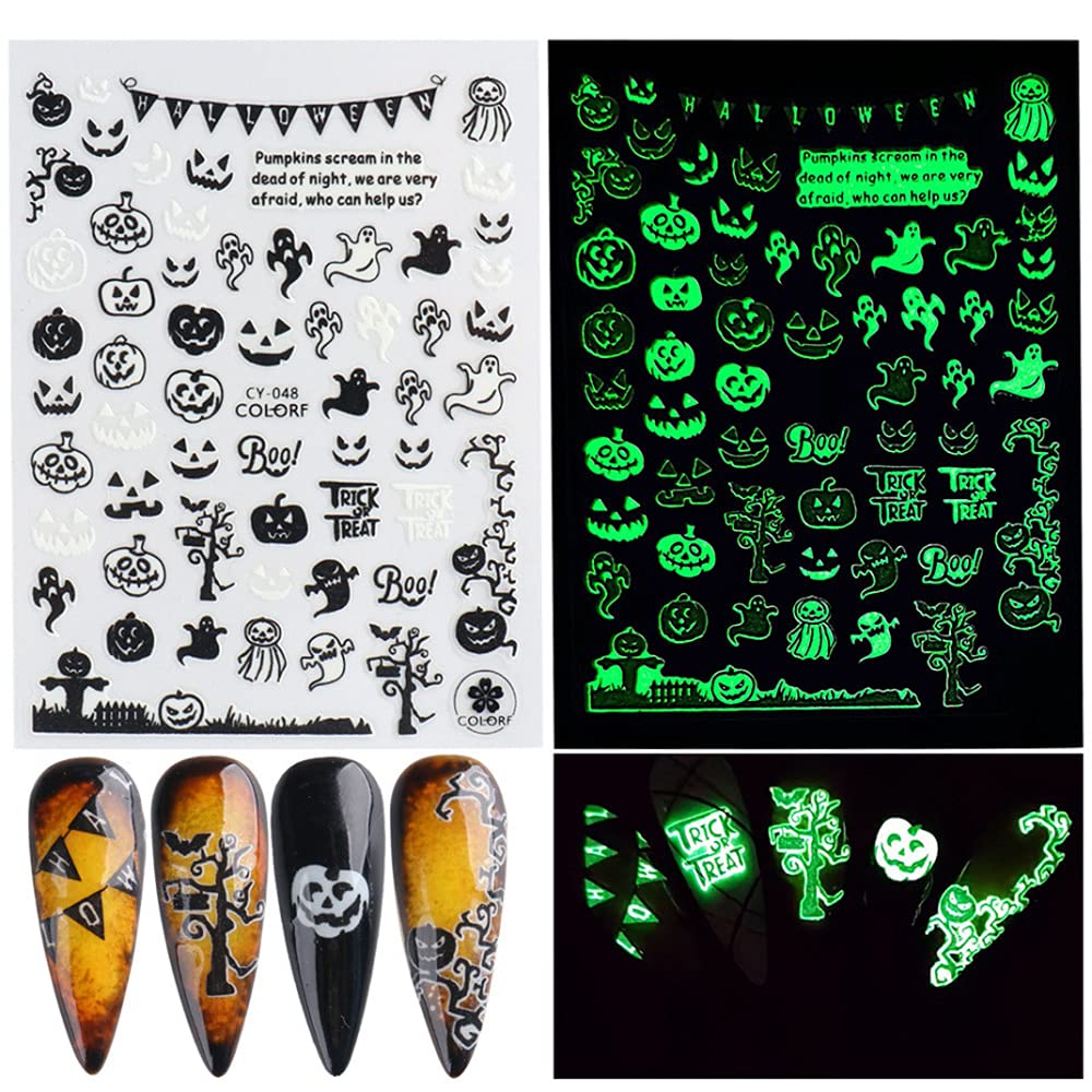 Luminous Nail Stickers - 3D Halloween Nail Art Designs - Skull, Ghost, Pumpkin, Spider, Bat Decals - Self-Adhesive, 6 Sheets-Velvo Beauty