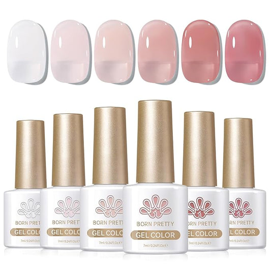 Born Pretty Milky White Jelly Nude Pink Gel Nail Polish Translucent Natural Sheer Pink Soak Off U v Light Cure Gel Polish Kit for Salon and Nail Art DIY at Home 6Colors-Velvo Beauty