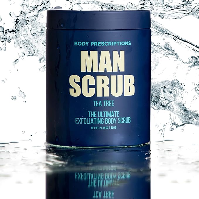 Body Prescriptions Men’s Exfoliating Body Scrub – Ultimate Skin Cleansing Wash in Jar with Twist-Top Lid, For All Skin Types, 21 Ounce (Pack of 4), Tea Tree-Velvo Beauty